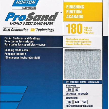 Norton ProSand 07660768159 Sanding Sheet, 11 in L, 9 in W, Fine, 180 Grit, Aluminum Oxide Abrasive, Paper Backing :PK  3: QUANTITY: 1