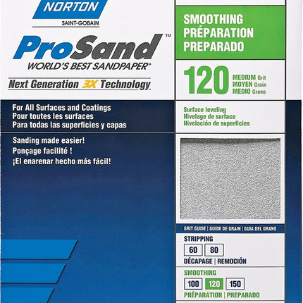 Norton ProSand 07660768161 Sanding Sheet, 11 in L, 9 in W, Medium, 120 Grit, Aluminum Oxide Abrasive, Paper Backing :PK  3: QUANTITY: 1