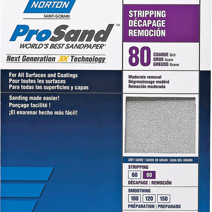 Norton ProSand 07660768163 Sanding Sheet, 11 in L, 9 in W, Coarse, 80 Grit, Aluminum Oxide Abrasive, Paper Backing :PK  3: QUANTITY: 1