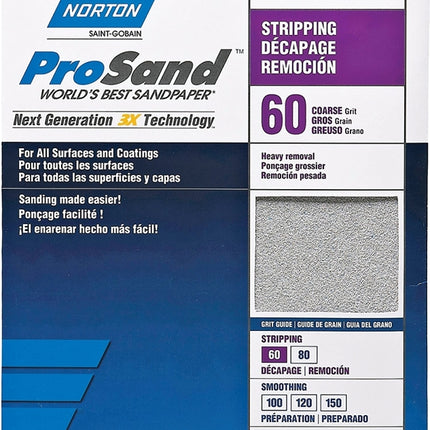 Norton ProSand 07660768164 Sanding Sheet, 11 in L, 9 in W, Coarse, 60 Grit, Aluminum Oxide Abrasive, Paper Backing :PK  3: QUANTITY: 1