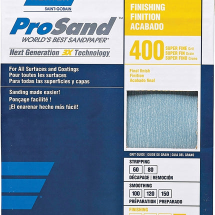 Norton ProSand 07660768165 Sanding Sheet, 11 in L, 9 in W, Super Fine, 400 Grit, Aluminum Oxide Abrasive, Paper Backing :PK 20: QUANTITY: 1