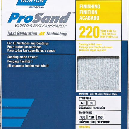 Norton ProSand 07660768167 Sanding Sheet, 11 in L, 9 in W, Very Fine, 220 Grit, Aluminum Oxide Abrasive, Paper Backing :PK 20: QUANTITY: 1