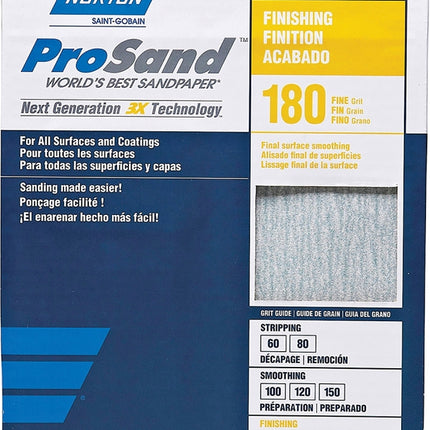 Norton ProSand 07660768168 Sanding Sheet, 11 in L, 9 in W, Fine, 180 Grit, Aluminum Oxide Abrasive, Paper Backing :PK 20: QUANTITY: 1