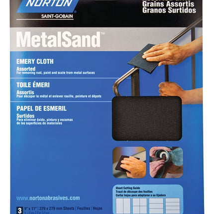 Norton MetalSand 07660747855 Sanding Sheet, 11 in L, 9 in W, Emery Abrasive, Cloth Backing :PK  3: QUANTITY: 1