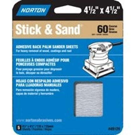 Norton 07660749129 Sanding Sheet, 4-1/2 in L, 4-1/2 in W, Coarse, 60 Grit :PK  5: QUANTITY: 1