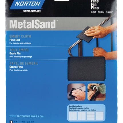 Norton MetalSand 07660747805 Sanding Sheet, 11 in L, 9 in W, Fine, Emery Abrasive, Cloth Backing :PK 3: QUANTITY: 1