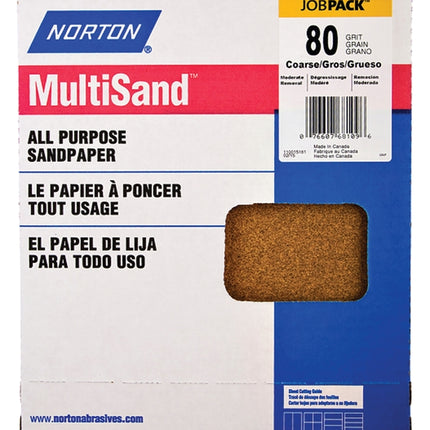 Norton MultiSand 07660768109 Sanding Sheet, 11 in L, 9 in W, Coarse, 80 Grit, Aluminum Oxide Abrasive, Paper Backing :PK25: QUANTITY: 1