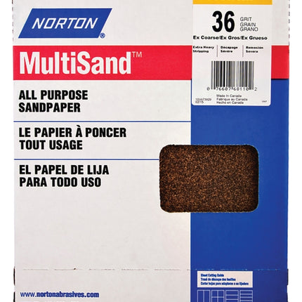 Norton MultiSand 07660768110 Sanding Sheet, 11 in L, 9 in W, Extra Coarse, 36 Grit, Aluminum Oxide Abrasive :PK25: QUANTITY: 1