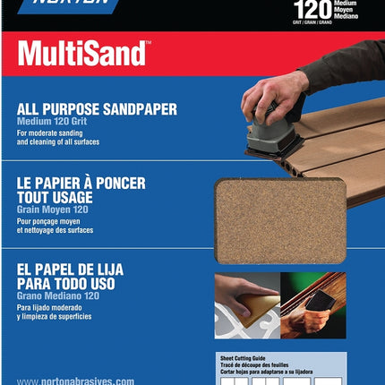 Norton MultiSand 07660704154 Sanding Sheet, 11 in L, 9 in W, Medium, 120 Grit, Aluminum Oxide Abrasive, Paper Backing :PK  5: QUANTITY: 1