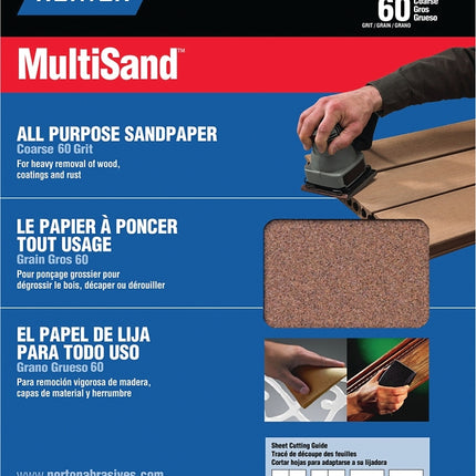 Norton MultiSand 07660747750 Sanding Sheet, 11 in L, 9 in W, Coarse, 60 Grit, Aluminum Oxide Abrasive, Paper Backing :PK3: QUANTITY: 1