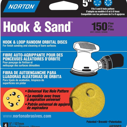 Norton 02003 Sanding Disc, 5 in Dia, Coated, P150 Grit, Fine, Aluminum Oxide Abrasive, C-Weight Paper Backing :PK  4: QUANTITY: 1