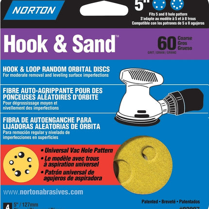 Norton 02007 Sanding Disc, 5 in Dia, Coated, P60 Grit, Coarse, Aluminum Oxide Abrasive, Universal Vacuum :PK  4: QUANTITY: 1