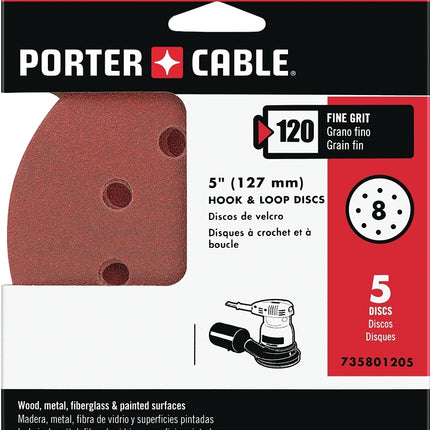 Porter-Cable 735801205 Sanding Disc, 5 in Dia, 120 Grit, Fine, Aluminum Oxide Abrasive, 8-Hole :PK  5: QUANTITY: 1