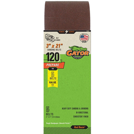 Gator 7010 Sanding Belt, 3 in W, 21 in L, 120 Grit, Fine, Aluminum Oxide Abrasive :PK  5: QUANTITY: 1