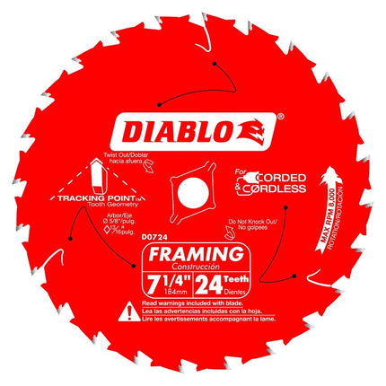 Diablo D0724A Circular Saw Blade, 7-1/4 in Dia, 5/8 in Arbor, 24-Teeth, Carbide Cutting Edge :EA: QUANTITY: 10