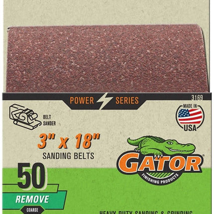 Gator 3169 Sanding Belt, 3 in W, 18 in L, 50 Grit, Coarse, Aluminum Oxide Abrasive :PK  2: QUANTITY: 1