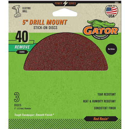 Gator 3003 Sanding Disc, 5 in Dia, 40 Grit, Extra Coarse, Aluminum Oxide Abrasive, Paper Backing :PK  3: QUANTITY: 1