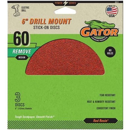 Gator 3012 Sanding Disc, 6 in Dia, 60 Grit, Coarse, Aluminum Oxide Abrasive, Pressure-Sensitive Adhesive Backing :PK  3: QUANTITY: 1