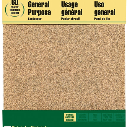 3M 9003 Sandpaper Sheet, 11 in L, 9 in W, Coarse, 60 Grit, Aluminum Oxide Abrasive, Paper Backing :PK  4: QUANTITY: 1