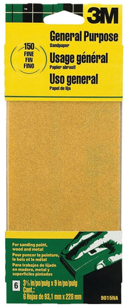 3M 9015 Sandpaper Sheet, 9 in L, 3.66 in W, Fine, 150 Grit, Aluminum Oxide Abrasive, Paper Backing :PK  6: QUANTITY: 1