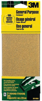 3M 9016 Sandpaper Sheet, 9 in L, 3.66 in W, Medium, 100 Grit, Aluminum Oxide Abrasive, Paper Backing :PK  6: QUANTITY: 1