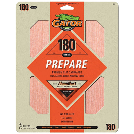 Gator 7265 Sanding Sheet, 11 in L, 9 in W, Extra Fine, 180 Grit, Aluminum Oxide Abrasive, Paper Backing :PK 3: QUANTITY: 1