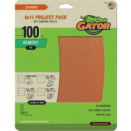 Gator 4463 Sanding Sheet, 11 in L, 9 in W, Medium, 100 Grit, Garnet Abrasive, Paper Backing :PK  5: QUANTITY: 1