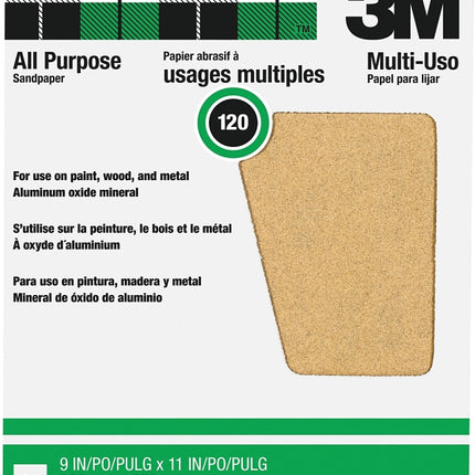 3M 99403NA-CC Sandpaper, 11 in L, 9 in W, Extra Coarse, 120 Grit, Aluminum Oxide Abrasive, Paper Backing :PK 25: QUANTITY: 1