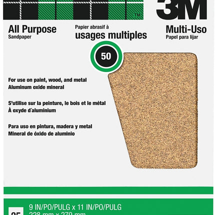 3M 99406 Sandpaper Sheet, 11 in L, 9 in W, Coarse, 50 Grit, Aluminum Oxide Abrasive, Paper Backing :PK 25: QUANTITY: 1