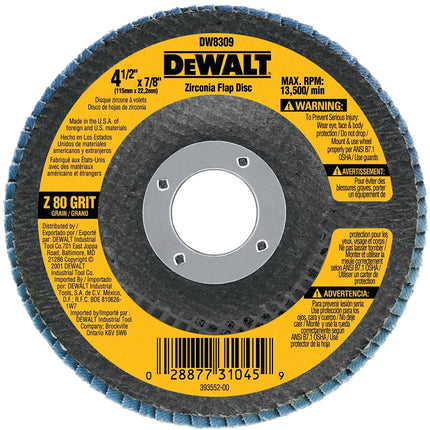 DeWALT DW8309 Flap Disc, 4-1/2 in Dia, 7/8 in Arbor, Coated, 80 Grit, Medium, Zirconia Abrasive :EA: QUANTITY: 1