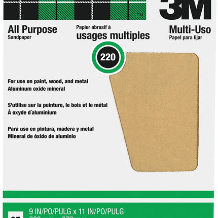 3M 99401NA-CC Sandpaper, 11 in L, 9 in W, Extra Fine, 220 Grit, Aluminum Oxide Abrasive, Paper Backing :PK 25: QUANTITY: 1