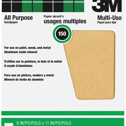 3M 99402NA Sandpaper, 11 in L, 9 in W, Fine, 150 Grit, Aluminum Oxide Abrasive, Paper Backing :PK 25: QUANTITY: 1