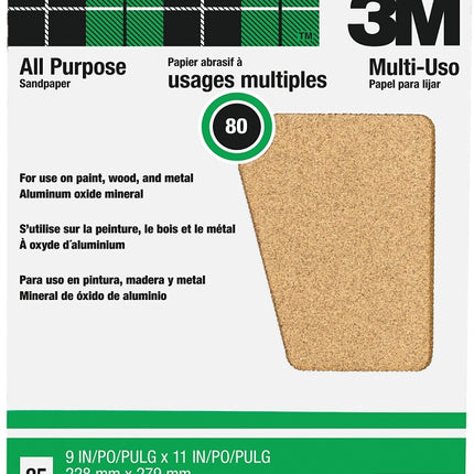 3M 99405 Sandpaper Sheet, 11 in L, 9 in W, Medium, 80 Grit, Aluminum Oxide Abrasive, Paper Backing :PK 25: QUANTITY: 1