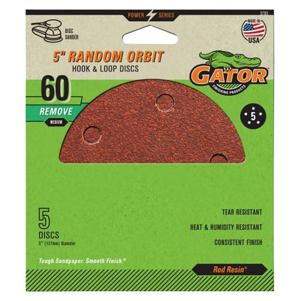 Gator 3785 Sanding Disc, 5 in Dia, 60 Grit, Coarse, Aluminum Oxide Abrasive, Vented :PK  5: QUANTITY: 1