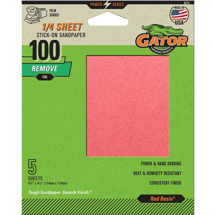 Gator 4074 Sanding Sheet, 4-1/2 in L, 4-1/2 in W, Medium, 100 Grit, Aluminum Oxide Abrasive :PK  5: QUANTITY: 1