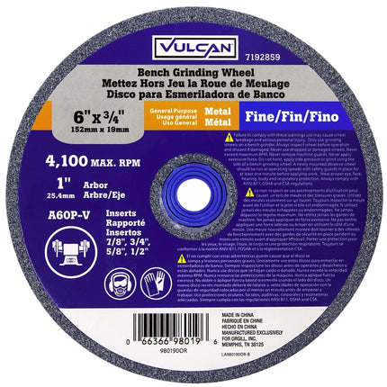 Vulcan 980190OR Straight Bench Grinding Wheel, 6 in Dia, 1 in Arbor, 60 Grit, Fine, Aluminum Oxide Abrasive :EA: QUANTITY: 1