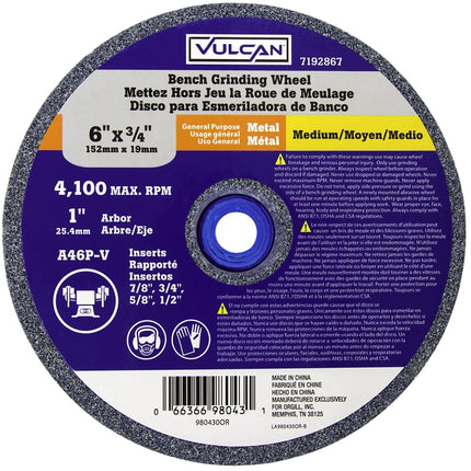 Vulcan 980430OR Straight Bench Grinding Wheel, 6 in Dia, 1 in Arbor, 45 Grit, Medium, Aluminum Oxide Abrasive :EA: QUANTITY: 1