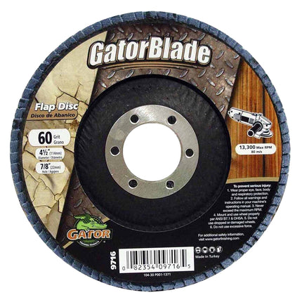 Gator 9716 Flap Disc, 4-1/2 in Dia, 7/8 in Arbor, 60 Grit, Zirconium Oxide Abrasive :EA: QUANTITY: 1