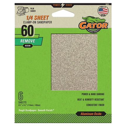 Gator 5033 Sanding Sheet, 4-1/2 in W, 5-1/2 in L, 60 Grit, Coarse, Aluminum Oxide Abrasive, Paper Backing :PK  6: QUANTITY: 1