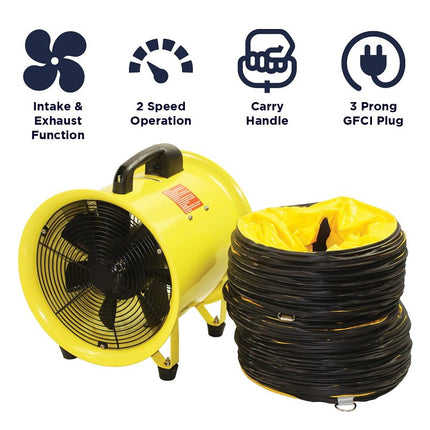 MaxxAir HVHF 12COMBO Confined Space Ventilator and Polyvinyl Hose, 120 V, 2000 cfm Air, Steel, Industrial Yellow :EA: QUANTITY: 1